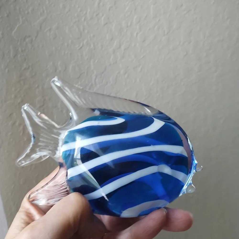 Murano Style Beautiful Paperweight Fish Blue and White Glass Fish Figurine